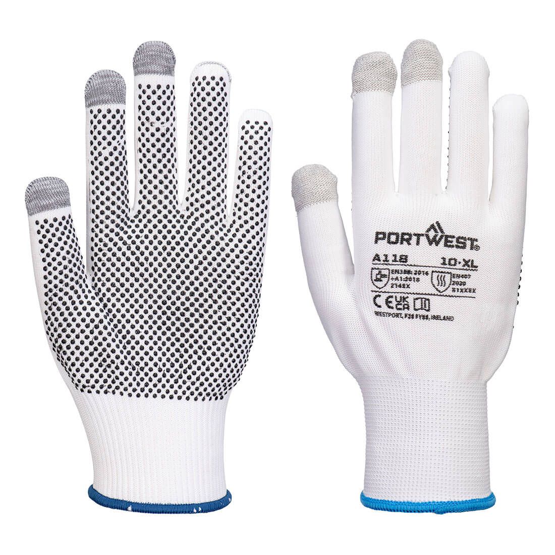 Portwest A118 - Grip 13 PVC pontozott érintőképernyős kesztyű, fehér/szürke termék fő termékképe